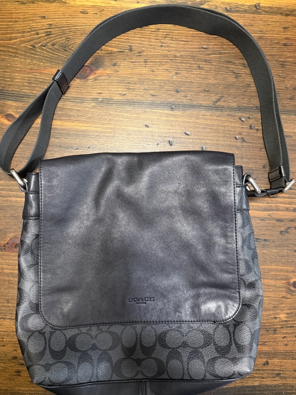 Coach Men's Black Signature Messenger with Leather Flap